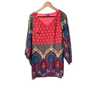 Tinley Boho Patchwork Print Tunic Top Small Multicolor V-Neck‎ Blouse Festival
